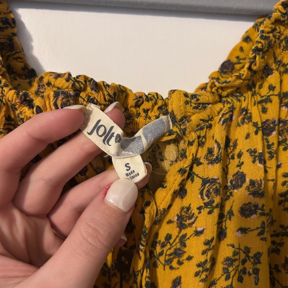 Jolt Mustard Floral Tie-Front Peasant Blouse - Picture 2 of 5